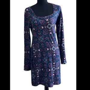 🆕Mudd Square Neck Body Con Long Sleeve Dress Medallion Pattern Navy Sz M